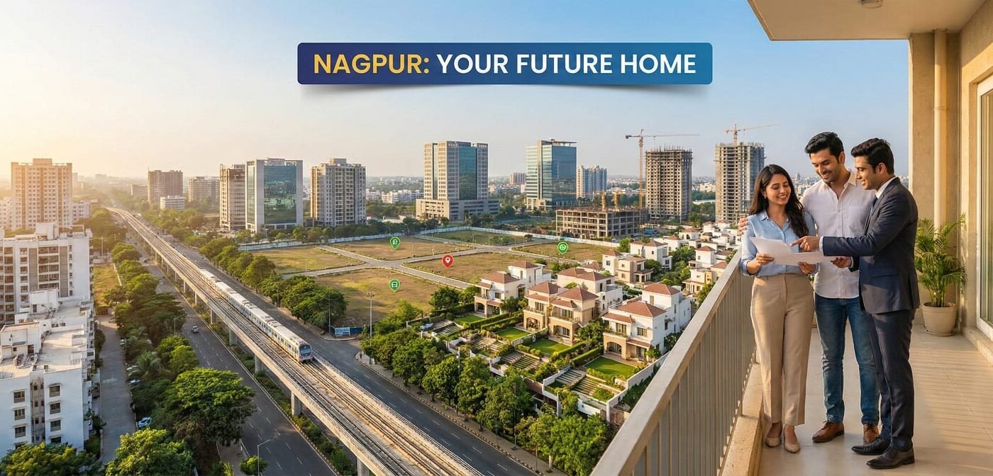 Young Indian couple reviewing property documents with real estate in Nagpur cityscape featuring metro rail, modern apartments, and residential houses.