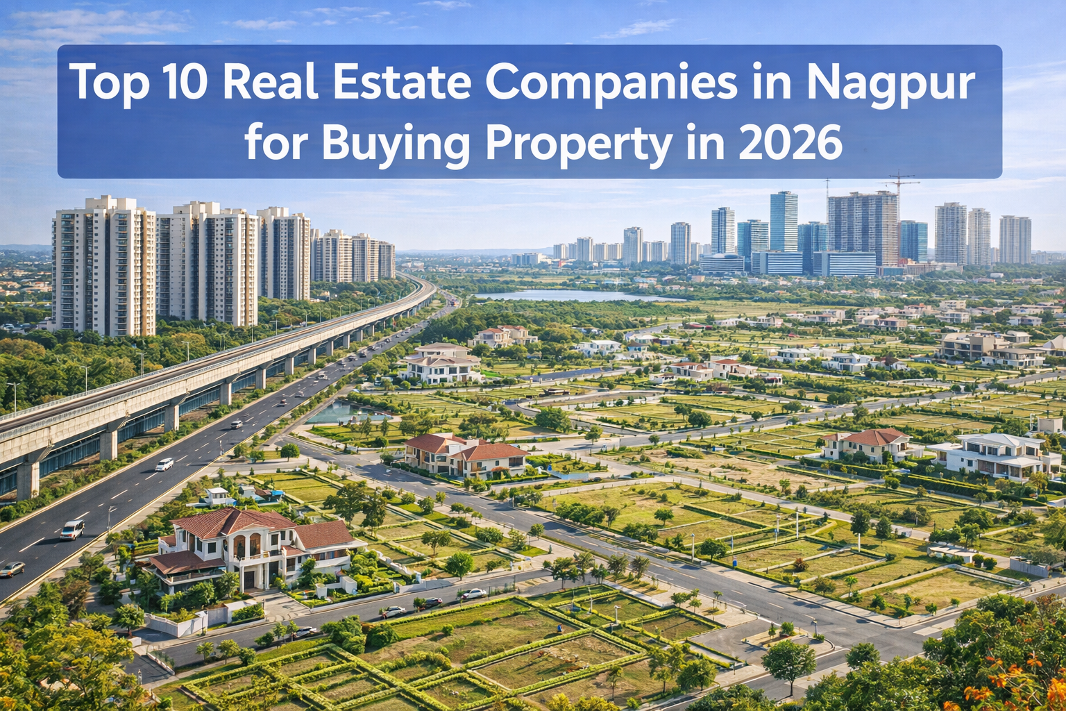 Top 10 real estate companies in Nagpur,Real estate agent showing property options to a young couple with Nagpur city skyline, apartments, and metro infrastructure in the background.