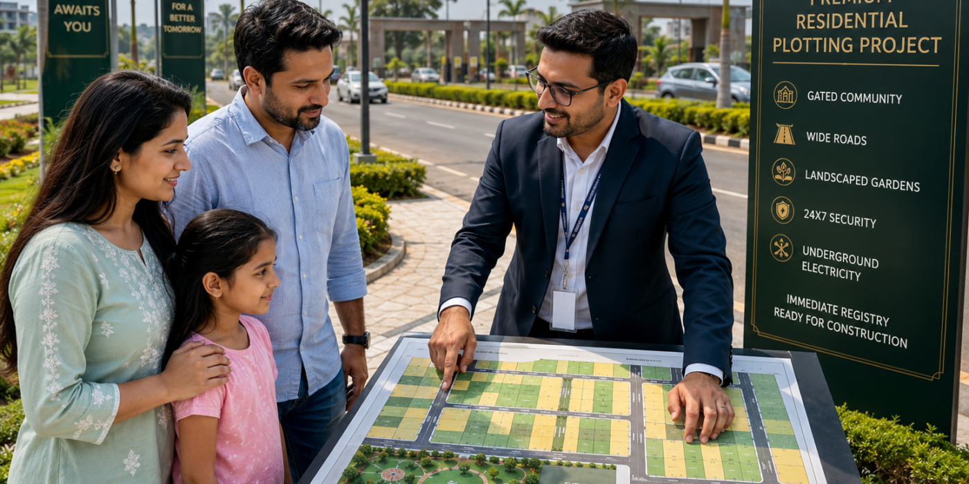Family consulting a real estate expert for an urgent plot for sale in Nagpur at a premium residential plotting project.