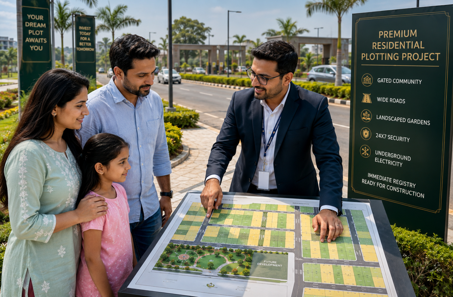 Family consulting a real estate expert for an urgent plot for sale in Nagpur at a premium residential plotting project.