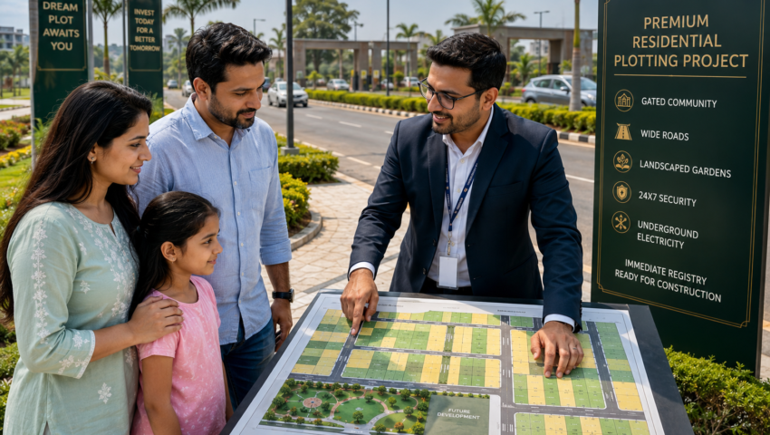 Family consulting a real estate expert for an urgent plot for sale in Nagpur at a premium residential plotting project.