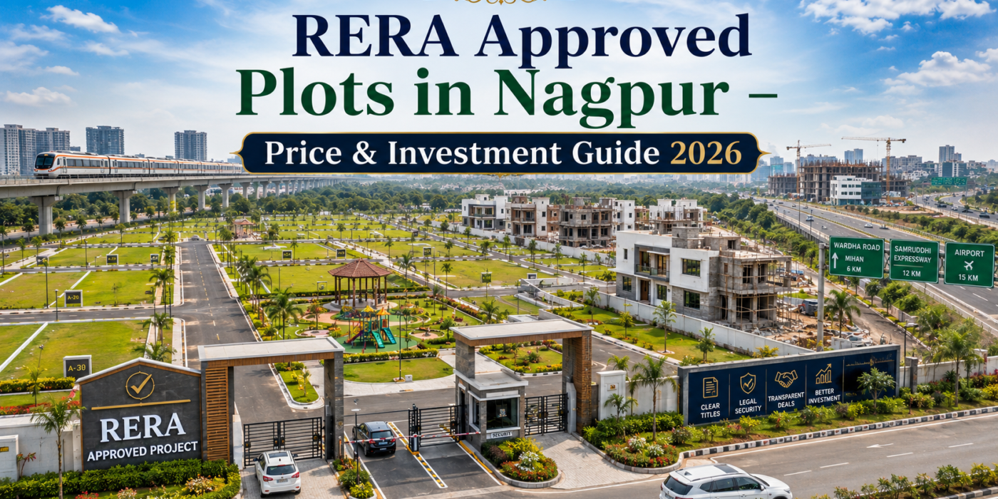 Aerial view of RERA approved plots in Nagpur with modern infrastructure and landscaped development.