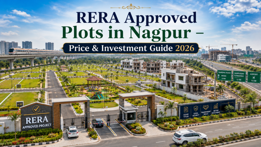 Aerial view of RERA approved plots in Nagpur with modern infrastructure and landscaped development.